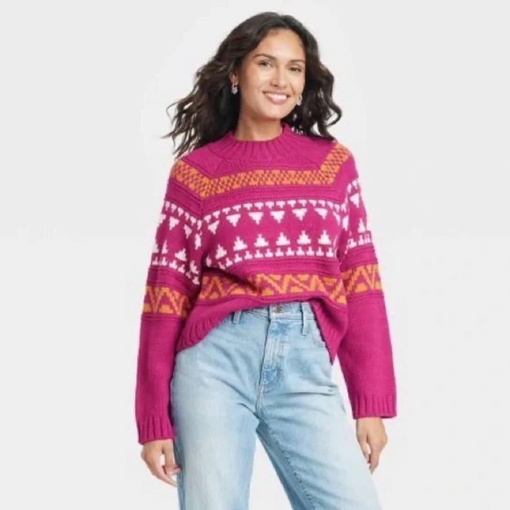 Women's Pink Patterned Fair Isle Sweater M NEW